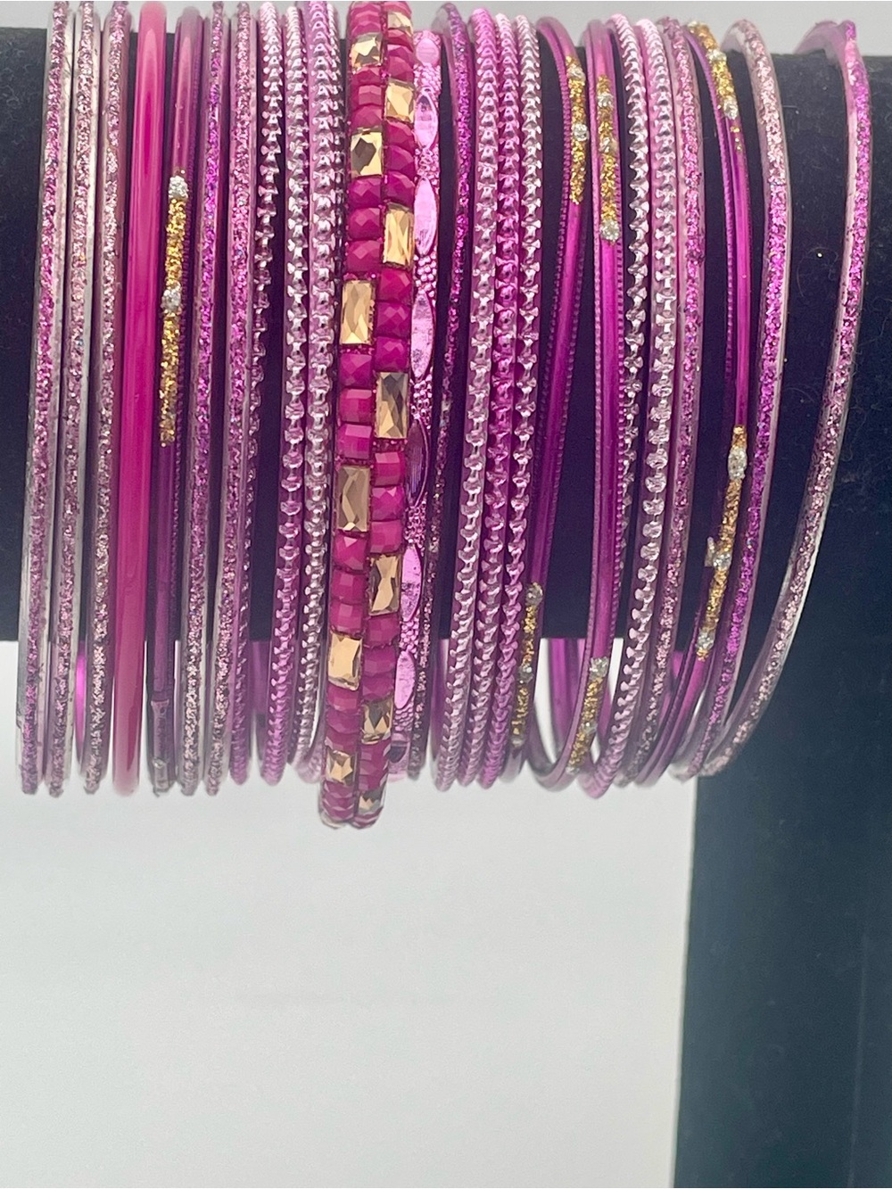 Pink, Purple & Gold Stack Bangle Bracelet Set. 25 Bracelets. 7 1/2-7 3/4 inches